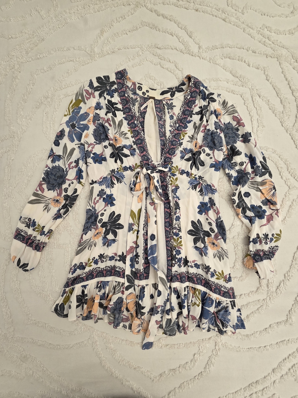 Free People White Floral Tie-Front Peasant Tunic with Blue and Peach Accents